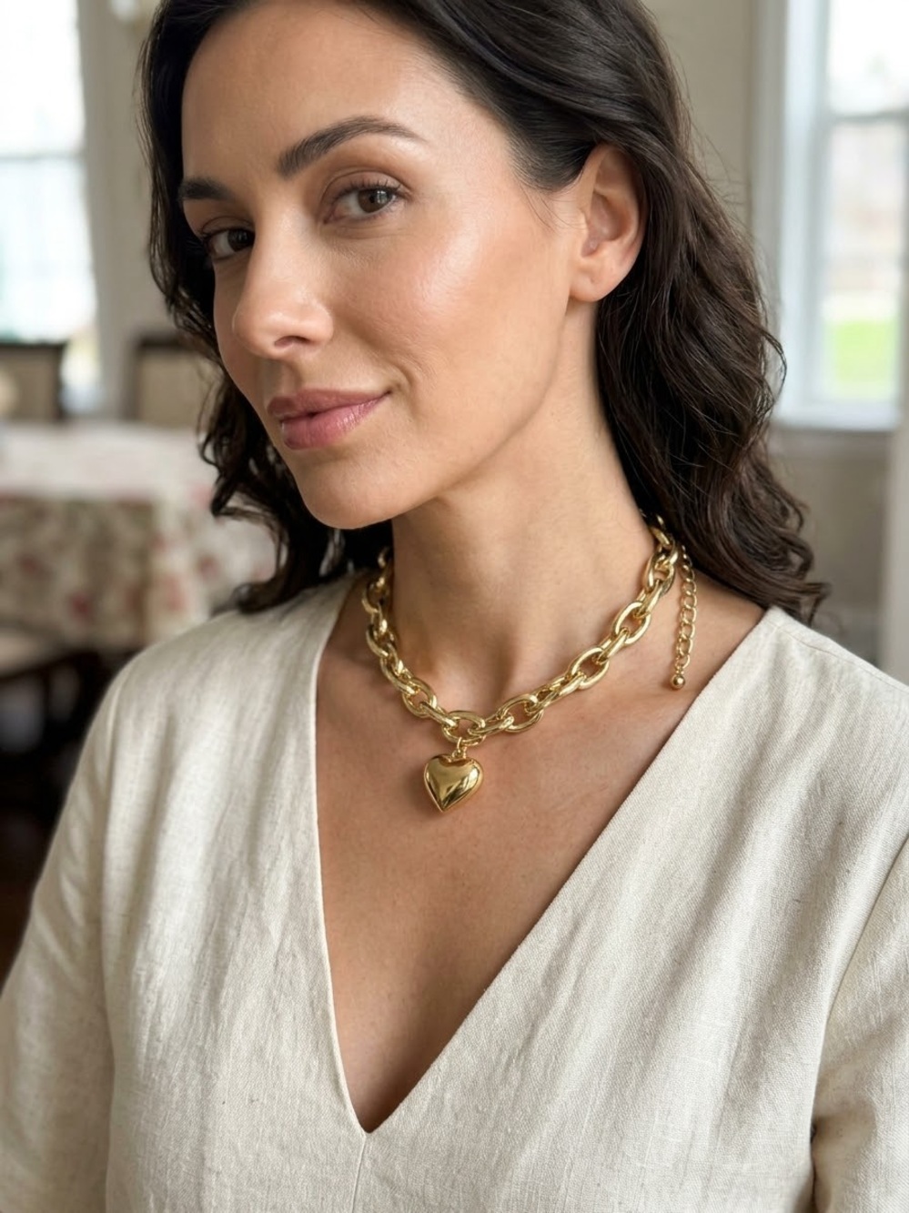 Gold Heart Charm Chunky Chain Necklace - Women's Jewelry